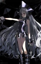 Rule 34 | 1girl, black footwear, boots, breasts, chastity belt, dark background, fingerless gloves, gloves, grey hair, hou (ppo), iron maiden jeanne, keyhole, knee boots, leotard, long hair, medium breasts, outstretched arm, parted lips, purple leotard, red eyes, shaman king, simple background, solo, very long hair, watermark, web address