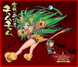 Rule 34 | 1girl, animal, animal ears, animal hands, animal print, bandages, belt, cat ears, cham cham, clean x, crossed arms, crossed legs, fang, fur, gloves, gradient background, green eyes, green hair, highres, jewelry, long hair, looking at viewer, matching hair/eyes, monkey, open mouth, paku paku, paw gloves, paw shoes, pet, samurai spirits, shoes, snk, solo, spiked hair, sword, tail, tiger print, weapon, wooden sword