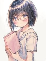 Rule 34 | 1girl, :o, black hair, black neckerchief, blush, book, commentary request, glasses, grey background, hair between eyes, hands up, holding, holding book, looking at viewer, neckerchief, original, parted lips, purple eyes, sailor collar, school uniform, serafuku, shirt, short hair, short sleeves, sketch, solo, usashiro mani, white sailor collar, white shirt
