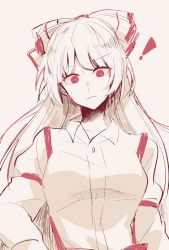 Rule 34 | !, 1girl, absurdres, bow, breasts, buttons, closed mouth, collar, collared shirt, fujiwara no mokou, hand on own hip, highres, long hair, long sleeves, looking at viewer, medium breasts, multicolored bow, pants, puffy sleeves, red bow, red eyes, red pants, shirt, simple background, solo, somei ooo, touhou, white background, white bow, white hair, white shirt, white sleeves