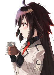 Rule 34 | 1girl, 86 -eightysix-, absurdres, blazer, blush, brown gloves, brown hair, cup, fingerless gloves, frederica rosenfort, from side, gloves, highres, holding, holding cup, jacket, jitome, kaze 22, korean commentary, long hair, military, military uniform, mug, open mouth, solo, uniform, white background, white jacket
