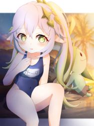 Rule 34 | 1girl, blue one-piece swimsuit, blush, breasts, covered navel, genshin impact, green eyes, grey hair, hair ornament, hand on own chest, highres, knee up, legs, long hair, looking at viewer, nahida (genshin impact), name tag, old school swimsuit, one-piece swimsuit, open mouth, outdoors, pointy ears, school swimsuit, side ponytail, sitting, small breasts, solo, swimsuit, thighs, uchikata takeaki