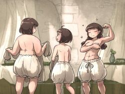 Rule 34 | 3girls, abs, ahoge, back, bed, bedroom, bloomers, braid, covering privates, covering breasts, flexing, ironlily, long hair, multiple girls, original, sparkle, standing, stone wall, thick arms, toned, topless, twin braids, underwear, wall