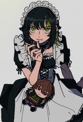 Rule 34 | 1girl, aketa mikoto, alternate costume, apron, arm support, between fingers, black bow, black bowtie, black dress, black hair, black nails, blonde hair, bow, bowtie, character doll, choker, cigarette, commentary request, corset, dress, enmaided, frilled apron, frilled choker, frills, frown, grey background, hand up, holding, holding cigarette, idolmaster, idolmaster shiny colors, ikaruga luca, kakuzatou (men), looking at viewer, maid, maid apron, maid headdress, medium hair, multicolored hair, parted lips, puffy short sleeves, puffy sleeves, sanpaku, short sleeves, slit pupils, solo, streaked hair, underbust, yellow eyes