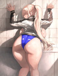 Rule 34 | 1girl, against wall, ass, backboob, bent over, blonde hair, blue one-piece swimsuit, breasts, competition swimsuit, curvy, from behind, highres, huge ass, huge breasts, jacket, kneepits, long hair, looking back, one-piece swimsuit, original, ponytail, solo, surutsu, swimsuit, thick thighs, thighs, tile wall, tiles, track jacket