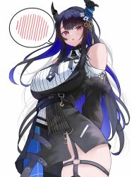 Rule 34 | 1girl, :o, absurdres, arm behind back, belt, black belt, black hair, blue hair, breasts, colored inner hair, demon horns, fur trim, hair ornament, highres, hololive, hololive english, horns, kumomo, large breasts, long hair, looking at viewer, multicolored hair, nerissa ravencroft, nerissa ravencroft (1st costume), parted lips, red eyes, simple background, solo, spoken blush, tassel, tassel hair ornament, two-tone hair, very long hair, virtual youtuber, white background