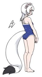 Rule 34 | 1girl, acesrulez, animal ears, ass, blue one-piece swimsuit, blush, brown eyes, kemono friends, long hair, looking at viewer, one-piece swimsuit, school swimsuit, solo, stoat (kemono friends), swimsuit, tail, weasel ears, weasel girl, weasel tail, white hair