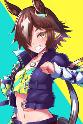 Rule 34 | 1girl, :d, animal ears, black jacket, black shorts, blue background, brown hair, grin, hair over one eye, highres, horse ears, horse girl, horse tail, jacket, jewelry, long hair, long sleeves, looking at viewer, midriff, navel, open mouth, ponytail, ring, shorts, smile, solo, stopwatch, stopwatch around neck, tail, taka shida, teeth, two-tone background, umamusume, vodka (umamusume), yellow background, yellow eyes