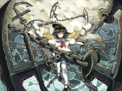 Rule 34 | &gt;:), 1girl, aiming, aiming at viewer, anchor, anchor symbol, attack, black footwear, black gloves, black hair, chain, closed mouth, cloud, coat, collar, eyebrows, floating, floating clothes, full body, gloves, green collar, green eyes, green sailor collar, hat, headwear request, highres, holding, leg up, looking at viewer, mary janes, military, military coat, murasa minamitsu, neckerchief, neckwear request, outdoors, outstretched arms, puffy short sleeves, puffy sleeves, red neckerchief, sailor, sailor collar, sailor hat, sailor shirt, shaded face, shirt, shoes, short hair, short sleeves, shorts, sky, smile, solo, spell card, sunnysideup, symbol, thighhighs, touhou, v-shaped eyebrows, water, waves, wavy hair, weapon, white shirt, white thighhighs