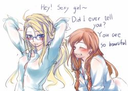 Rule 34 | 2girls, alternate hairstyle, anna (frozen), arms up, bent over, blonde hair, blue eyes, blush, braid, brown hair, collared shirt, dress shirt, elsa (frozen), english text, frozen (disney), glasses, grin, hair down, hair tie, incest, mouth hold, multiple girls, pin.s, shirt, siblings, sisters, sketch, smile, sweatdrop, twin braids, white background, yuri