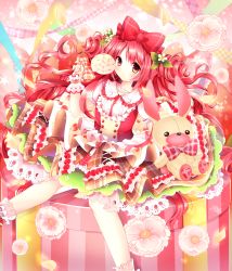 Rule 34 | 1girl, ascot, bad id, bad pixiv id, bow, brown eyes, candy, drill hair, flower, food, frilled skirt, frills, full body, gift, hair bow, hair flower, hair ornament, highres, kabako (lilypicture410v), lolita fashion, lollipop, long hair, looking at viewer, original, personification, plaid, plaid bow, pocketland, red bow, red hair, sitting, skirt, solo, streamers, stuffed animal, stuffed rabbit, stuffed toy, swirl lollipop, very long hair, white legwear