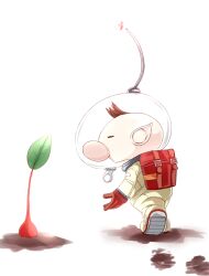 Rule 34 | 1boy, alien, backpack, bag, belt, belt buckle, big nose, black-apple 1218, brown hair, buckle, buried, closed eyes, colored skin, commentary request, footprints, from behind, gloves, helmet, leaf, looking at another, male focus, nintendo, olimar, patch, pikmin (creature), pikmin (series), pointy ears, radio antenna, red bag, red belt, red gloves, red pikmin, red skin, short hair, space helmet, spacesuit, very short hair, whistle, white background