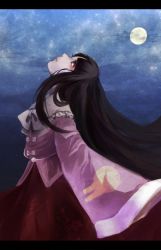 Rule 34 | 1girl, black hair, blouse, expressionless, from side, full moon, grey eyes, hands in opposite sleeves, highres, houraisan kaguya, japanese clothes, letterboxed, long hair, looking up, moon, night, night sky, pale skin, pink shirt, rarorimiore, shirt, sky, solo, star (sky), starry sky, touhou, very long hair