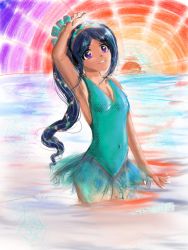 Rule 34 | 1girl, aqua one-piece swimsuit, artist name, artist request, bare shoulders, blue hair, blush, breasts, collarbone, female focus, hair between eyes, happy birthday, highres, long hair, looking at viewer, love live!, love live! sunshine!!, matsuura kanan, nail, nail polish, ocean, parted lips, plumenoire, ponytail, purple eyes, small breasts, smile, solo, sunset, swimsuit, tiara, white nails