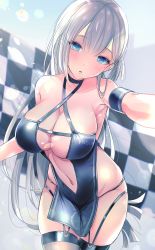 Rule 34 | 1girl, azur lane, bare shoulders, blue eyes, blush, breasts, cleavage, clothing cutout, collarbone, commentary request, criss-cross halter, garter straps, halterneck, head tilt, highres, large breasts, leaning forward, long hair, looking at viewer, mole, mole under eye, navel, navel cutout, one side up, outstretched arm, parted lips, pelvic curtain, race queen, seia (tikxxx), shoukaku (azur lane), shoukaku (sororal wings) (azur lane), solo, standing, thighhighs, very long hair