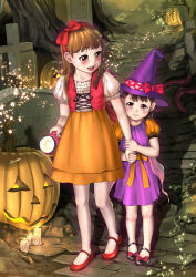 Rule 34 | 2girls, a-801, absurdres, blush, bow, brown eyes, brown hair, candle, commentary request, dress, flashlight, full body, graveyard, hair bow, halloween, halloween costume, holding hands, hat, highres, imminent rape, jack-o&#039;-lantern, long hair, looking at viewer, multiple girls, open mouth, original, puffy sleeves, siblings, sisters, tentacles, tombstone, walking, witch hat