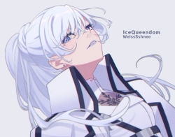 Rule 34 | 1girl, absurdres, character name, earrings, floating hair, grey background, grey eyes, grey lips, hair between eyes, highres, jewelry, long hair, looking at viewer, maguro (guromaguro), parted lips, ponytail, portrait, rwby, silver hair, simple background, solo, weiss schnee