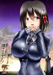 Rule 34 | 10s, 1girl, :d, arms up, black hair, blush, blush stickers, breasts, brown eyes, brown hair, chibi, cloud, eyebrows, closed eyes, gloves, haguro (kancolle), hair ornament, hairclip, highres, huge breasts, kantai collection, kogawawaki, looking at viewer, military, military uniform, neckerchief, necktie, open mouth, pleated skirt, remodel (kantai collection), sendai (kancolle), short hair, signature, skirt, sky, sleeves past wrists, smile, star (sky), sunset, twintails, two side up, uniform