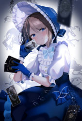 Rule 34 | 1girl, absurdres, blue bow, blue eyes, blue gloves, blue hat, blurry, blush, bonnet, bow, brown hair, card, depth of field, dress, dress bow, emma woods, eyes visible through hair, freckles, frilled gloves, frilled sleeves, frills, gloves, hat, highres, holding, holding card, identity v, kanjyu0919, light particles, mixed-language commentary, official alternate costume, puffy sleeves, smile, solo, sparkle