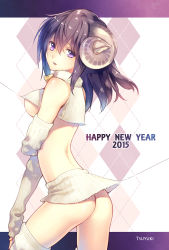 Rule 34 | 10s, 1girl, 2015, argyle, argyle background, argyle clothes, arm warmers, ass, black hair, breasts, chinese zodiac, cowboy shot, crop top, crop top overhang, fur collar, happy new year, hirano katsuyuki, horns, long hair, looking at viewer, midriff, new year, original, purple eyes, sheep horns, solo, thread, underboob, year of the goat