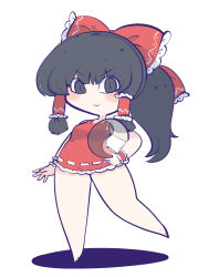 Rule 34 | 1girl, adapted costume, ball, bare legs, beachball, black eyes, black hair, bow, chahan (fried rice0614), hair bow, hakurei reimu, highres, looking at viewer, one-piece swimsuit, orb, ponytail, red bow, red one-piece swimsuit, shadow, simple background, solo, swimsuit, touhou, v-shaped eyebrows, white background, yin yang, yin yang orb