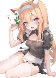 Rule 34 | 1girl, alternate costume, animal ear fluff, animal ears, apron, arm support, black dress, blue archive, blue eyes, blush, breasts, commentary, double-parted bangs, dress, enmaided, extra ears, fang, flower, fox ears, frilled apron, frilled sleeves, frills, hair between eyes, hair flower, hair ornament, hairband, hand up, highres, long hair, looking at viewer, maid, mari (blue archive), open mouth, orange hair, paw pose, puffy short sleeves, puffy sleeves, short sleeves, simple background, sitting, skindentation, small breasts, smile, solo, thighhighs, translated, variant set, waist apron, white apron, white background, white flower, white hairband, white thighhighs, windon, yokozuwari