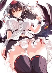 Rule 34 | 1girl, bird wings, black hair, black skirt, black thighhighs, black wings, breasts, closed mouth, commentary request, frilled skirt, frills, gluteal fold, hand fan, hat, highres, kagami toufu, large breasts, looking at viewer, panties, pantyhose, pointy ears, pom pom (clothes), red eyes, red hat, ribbon-trimmed legwear, ribbon trim, shameimaru aya, shirt, short hair, short sleeves, simple background, skirt, solo, thighhighs, tokin hat, touhou, underwear, white background, white panties, white shirt, wings, wrist cuffs