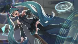Rule 34 | 1girl, black footwear, black skirt, blue hair, blue necktie, blush, boots, closed eyes, collared shirt, detached sleeves, dutch angle, full body, grey shirt, hand on own chest, hatsune miku, headset, long hair, nail polish, necktie, number tattoo, open mouth, shichiku, shirt, shoulder tattoo, skirt, solo, tattoo, teeth, thigh boots, upper teeth only, very long hair, vocaloid