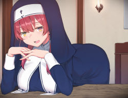 Rule 34 | 1girl, alternate costume, blush, breasts, commentary request, habit, heterochromia, highres, hololive, houshou marine, houshou marine (nun), kaname (melaninusa09), long hair, looking at viewer, nun, red eyes, red hair, smile, traditional nun, virtual youtuber, yellow eyes