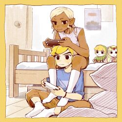 Rule 34 | 1boy, 1girl, alternate costume, bare arms, bed, blonde hair, blush, border, brown pants, butterfly sitting, casual, character doll, closed mouth, contemporary, controller, dark-skinned female, dark skin, game controller, head between thighs, highres, holding, holding controller, holding game controller, indoors, knees apart feet together, leaning forward, link, long hair, nintendo, on bed, on floor, pants, pillow, playing games, pointy ears, princess zelda, senzo6700, shirt, shorts, sitting, sleeveless, sleeveless shirt, smile, socks, tetra, the legend of zelda, the legend of zelda: the wind waker, toon link, white socks, yellow border