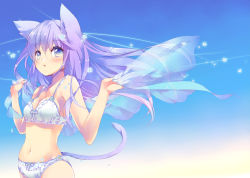 Rule 34 | 1girl, animal ears, blue bow, blue eyes, blue sky, blush, bow, bow bra, bow panties, bra, breasts, cat ears, cat girl, cat tail, cleavage, ech, floating hair, frilled bra, frills, hair between eyes, hair flaps, hands up, holding, long hair, looking at viewer, medium breasts, navel, original, outdoors, panties, parted lips, purple hair, see-through, sky, solo, tail, underwear, underwear only, upper body, white bra, white panties, wind