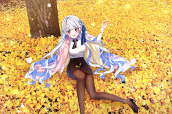 Rule 34 | 1girl, :d, arm up, black footwear, black skirt, blue bow, blue hair, blush, bow, braid, breasts, brown pantyhose, day, feet out of frame, ginkgo leaf, hair bow, high heels, highres, jacket, jacket on shoulders, leaf, long hair, long sleeves, looking at viewer, mamel 27, medium breasts, multicolored hair, on ground, open mouth, original, outdoors, pantyhose, pencil skirt, pink jacket, red eyes, shirt, shoes, silver hair, sitting, skirt, smile, solo, teeth, two-tone hair, upper teeth only, very long hair, white shirt