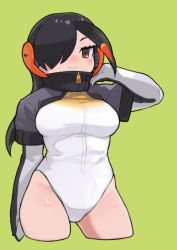 Rule 34 | 1girl, black hair, blush, brown eyes, commentary request, green background, grey jacket, hair over one eye, headphones, high collar, highres, jacket, kemono friends, king penguin (kemono friends), long sleeves, looking at viewer, multicolored hair, one-piece swimsuit, orange hair, rinx, short hair, simple background, solo, swimsuit, upper body, white one-piece swimsuit