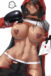 Rule 34 | 1girl, absurdres, artist name, black choker, black gloves, black hair, black shorts, blouse, blush, breast tattoo, breasts, chest belt, chinese commentary, choker, clothes lift, coat, collarbone, commentary request, covered erect nipples, cowboy shot, dark-skinned female, dark skin, envelope, girls&#039; frontline, girls&#039; frontline neural cloud, gloves, groin, hair between eyes, heart pasties, highres, hip vent, holding, holding envelope, hood, hood up, hooded coat, large breasts, larger bmx, lifted by self, long hair, long sleeves, looking at viewer, magnhilda (neural cloud), muscular, muscular female, navel, parted lips, pasties, red coat, shirt, shirt lift, shorts, sidelocks, simple background, solo, spoken blush, standing, steam, stomach, sweat, tattoo, white background, white shirt, yellow eyes