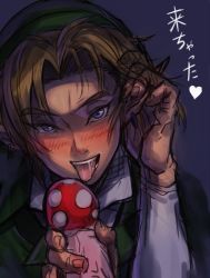 Rule 34 | 1boy, blonde hair, blush, licking, link, looking at viewer, male focus, mushroom, naughty face, nintendo, sexually suggestive, solo, the legend of zelda, tongue, tongue out