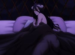 Rule 34 | 1girl, albedo (overlord), bed, black hair, blush, breasts, demon, demon girl, female focus, happy, highres, horns, indoors, large breasts, long hair, looking at viewer, lying, nude, on side, overlord (maruyama), pillow, screencap, simple background, slit pupils, smile, solo, stitched, demon girl, third-party edit, yellow eyes
