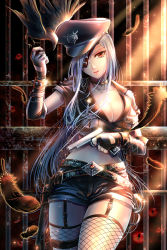 Rule 34 | 10s, 1girl, breasts, brown eyes, chain chronicle, cleavage, eyepatch, feathers, fishnets, garter straps, gloves, gun, hat, highres, holding, kinota, large breasts, looking at viewer, midriff, navel, original, resolution mismatch, silver hair, solo, source smaller, thighhighs, weapon
