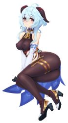 Rule 34 | 1girl, ahoge, ass, barbariank, bare shoulders, blue hair, blush, bodysuit, breasts, cowbell, detached sleeves, ganyu (genshin impact), genshin impact, gloves, hair between eyes, highres, horns, large breasts, long hair, looking at viewer, neck bell, pantyhose, parted lips, purple eyes, shiny clothes, shiny skin, simple background, sitting, smile, solo, thigh strap, very long hair, white background, yokozuwari