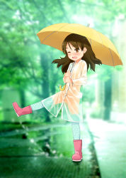 Rule 34 | 1girl, ;d, blurry, blurry background, blush, boots, brown eyes, brown hair, coat, depth of field, flat chest, functionally nude, happy, highres, leg up, long hair, naked coat, naked raincoat, naked socks, nude, one eye closed, open mouth, original, outdoors, patterned legwear, photo background, pink footwear, polka dot, polka dot legwear, raincoat, rubber boots, see-through, smile, sol-fa-soft, solo, standing, standing on one leg, thighhighs, umbrella, wink, yoshida seiji