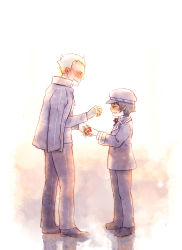 Rule 34 | 1boy, 1girl, androgynous, atlus, bad id, bad pixiv id, banatto, blue hair, blush, cabbie hat, couple, crossdressing, detective, ear piercing, earrings, closed eyes, grey hair, holding hands, hat, height difference, hetero, highres, jacket, jacket on shoulders, jewelry, long sleeves, pants, persona, persona 4, piercing, reverse trap, shirogane naoto, short hair, smile, standing, string, string of fate, tatsumi kanji