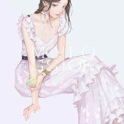 Rule 34 | 1girl, apple, artist name, bracelet, brown hair, collarbone, commentary, dress, earrings, food, fruit, holding, jewelry, long hair, looking at viewer, moss (2225028), nail polish, orange eyes, original, out of frame, purple eyes, ring, simple background, solo