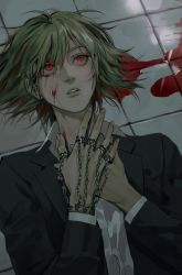 Rule 34 | 1boy, black suit, blonde hair, blood, blood on face, blood trail, chain, formal, hand on own neck, highres, hunter x hunter, kurapika, leedare614, lips, looking up, lying, male focus, on back, red eyes, short hair, solo, suit, upper body