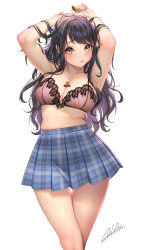 Rule 34 | 1girl, :t, armpits, arms up, black hair, blush, bra, breasts, brown eyes, cowboy shot, lace, lace bra, large breasts, long hair, masami chie, original, plaid, plaid skirt, sidelocks, simple background, skirt, solo, standing, sweat, swept bangs, thighs, underwear, white background