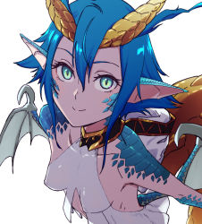 Rule 34 | 1girl, backless dress, backless outfit, blue eyes, blue hair, blue scales, claws, close-up, dragon girl, dragon horns, dragon tail, dragon wings, dress, hair between eyes, horns, kaburagi yuki, looking at viewer, looking up, monster musume no oisha-san, pointy ears, scales, short hair, simple background, skadi dragenfelt, slit pupils, solo, tail, white background, white dress, wings