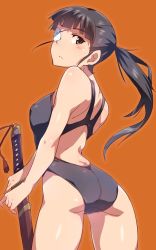 Rule 34 | 1girl, ass, black hair, black one-piece swimsuit, commentary request, competition swimsuit, cowboy shot, em (totsuzen no hakike), expressionless, from behind, katana, looking at viewer, looking back, one-piece swimsuit, orange background, orange eyes, ponytail, print eyepatch, sakamoto mio, solo, standing, strike witches, swimsuit, sword, weapon, world witches series