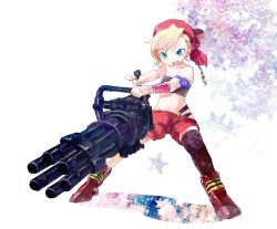 Rule 34 | 1girl, angry, armband, armored boots, assietteplus, bare shoulders, blonde hair, boots, final fantasy, final fantasy vi, gatling gun, green eyes, gun, hat, holding, midriff, navel, open mouth, pointing, relm arrowny, ribbon, shadow, shorts, single thighhigh, solo, star (symbol), starry background, thighhighs, weapon