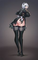 Rule 34 | 1girl, 2b (nier:automata), absurdres, ass, black dress, blindfold, boots, breasts, dark night (darkotl), dress, elbow gloves, facing away, full body, gloves, hairband, hand on own ass, high heel boots, high heels, highres, large breasts, long legs, looking at viewer, looking back, nier:automata, nier (series), open mouth, panties, pantyshot, parted lips, short hair, side slit, skirt, solo, thigh boots, thighhighs, thighs, underwear, white hair