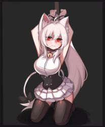 Rule 34 | 1girl, animal ears, antenna hair, arm above head, bell, black border, black bow, black corset, black thighhighs, border, bound, bound arms, bow, breasts, cat ears, cat girl, cat tail, closed mouth, copyright request, corset, dress, frilled dress, frills, grey background, highres, hwaryeok, jingle bell, large breasts, long hair, neck bell, red eyes, shirt, sleeveless, sleeveless dress, solo, tail, thighhighs, very long hair, white dress, white shirt