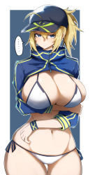 Rule 34 | ..., 1girl, ahoge, arm under breasts, artoria pendragon (fate), baseball cap, bikini, blonde hair, blue eyes, blue hat, blue jacket, blush, breasts, cleavage, cropped jacket, fate/grand order, fate (series), gin moku, hair between eyes, hair through headwear, hat, highres, holding own arm, jacket, large breasts, long hair, long sleeves, looking at viewer, mysterious heroine x (fate), mysterious heroine xx (fate), navel, ponytail, short ponytail, shrug (clothing), sidelocks, simple background, solo, speech bubble, spoken ellipsis, stomach, swimsuit, thighs, white bikini, wristband