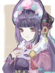 Rule 34 | 1girl, black headwear, blunt bangs, closed mouth, commentary request, fujito (call f ), fur collar, genshin impact, hand up, highres, hime cut, long hair, long sleeves, looking at viewer, purple hair, red eyes, sketch, smile, solo, upper body, yun jin (genshin impact)